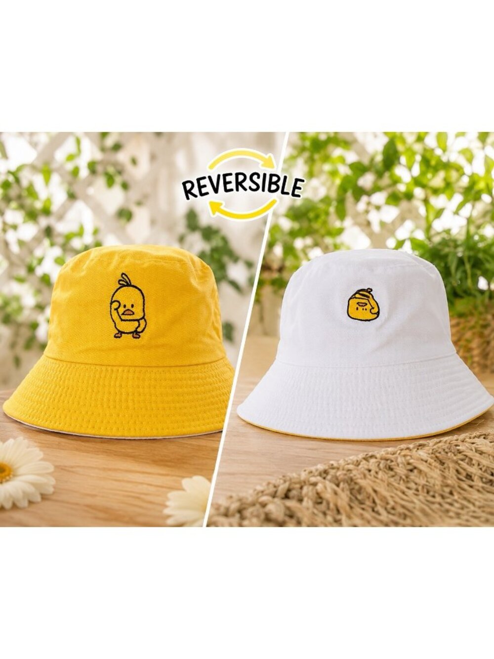 Reversible Yellow White Kawaii Chick Bucket Hat Cute Cotton One Size Unisex